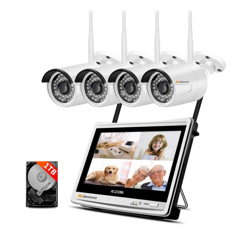 Kit caméra surveillance sans fil JENNOV HD 1080P : 4 caméras WiFi étanches et écran LCD 12”