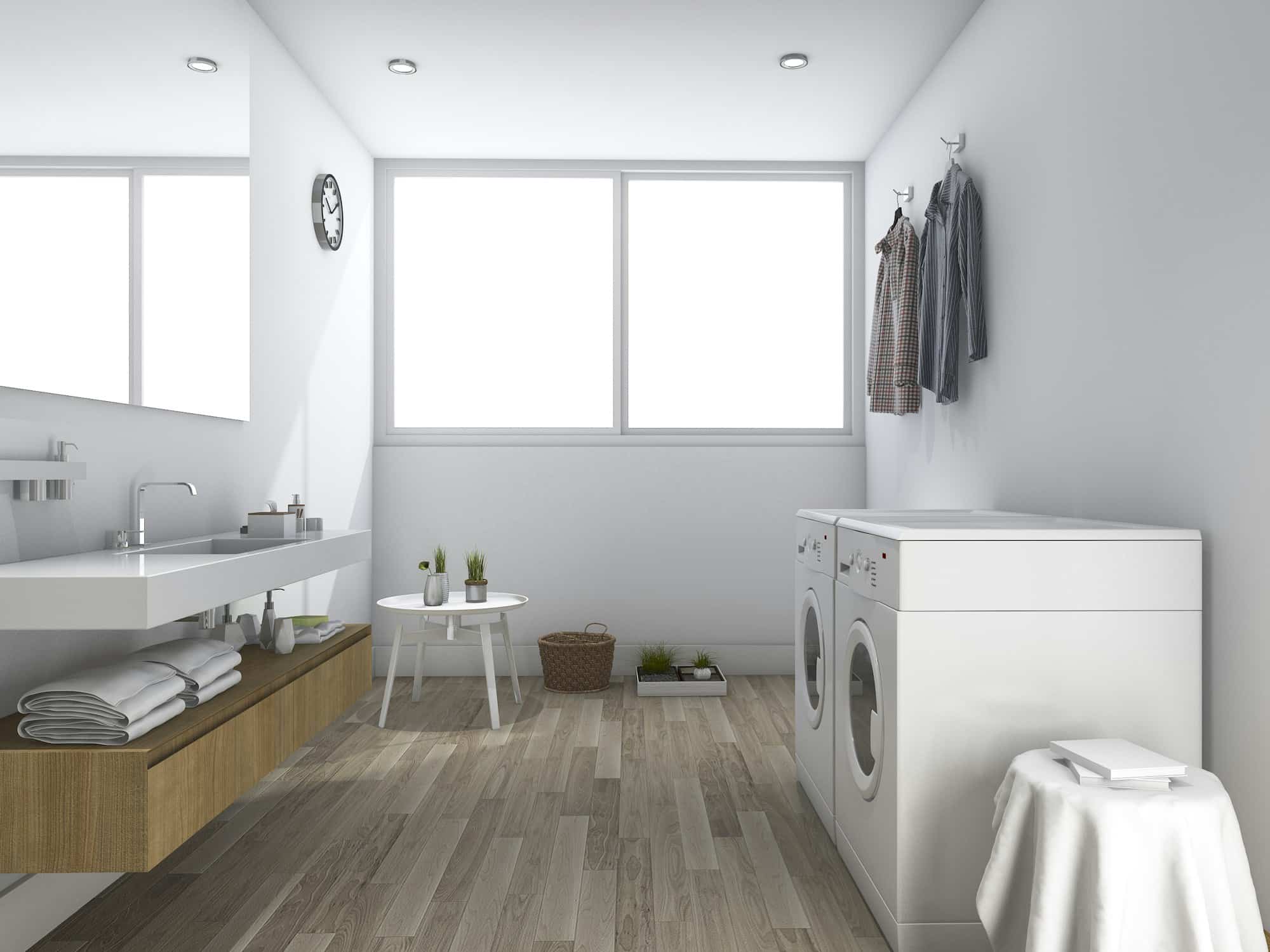 3d rendering white laundry room with minimal design